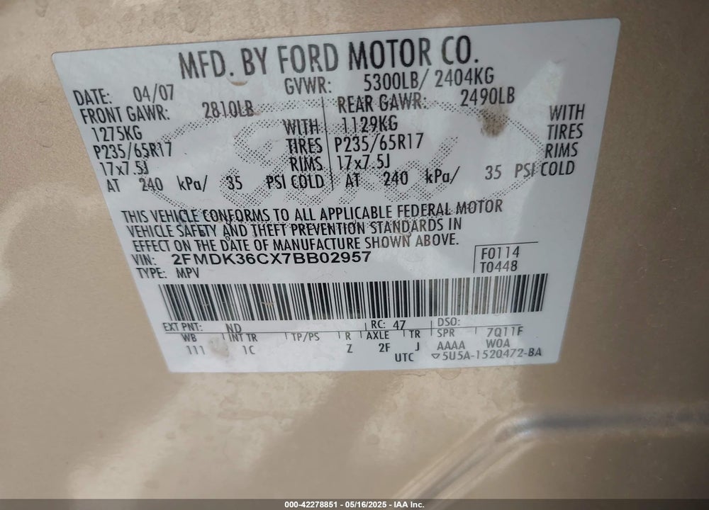 2007 FORD EDGE VIN: 2FMDK36CX7BB02957
