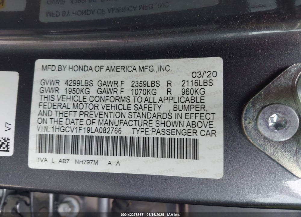 2020 HONDA ACCORD LX VIN: 1HGCV1F19LA082766
