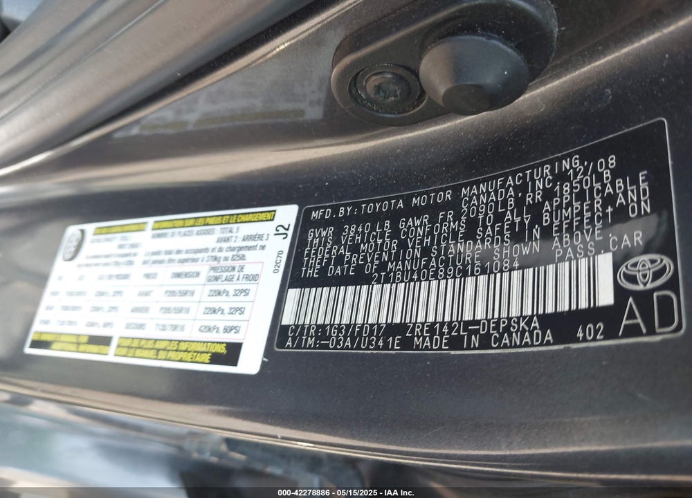 2009 TOYOTA COROLLA S VIN: 2T1BU40E89C161084