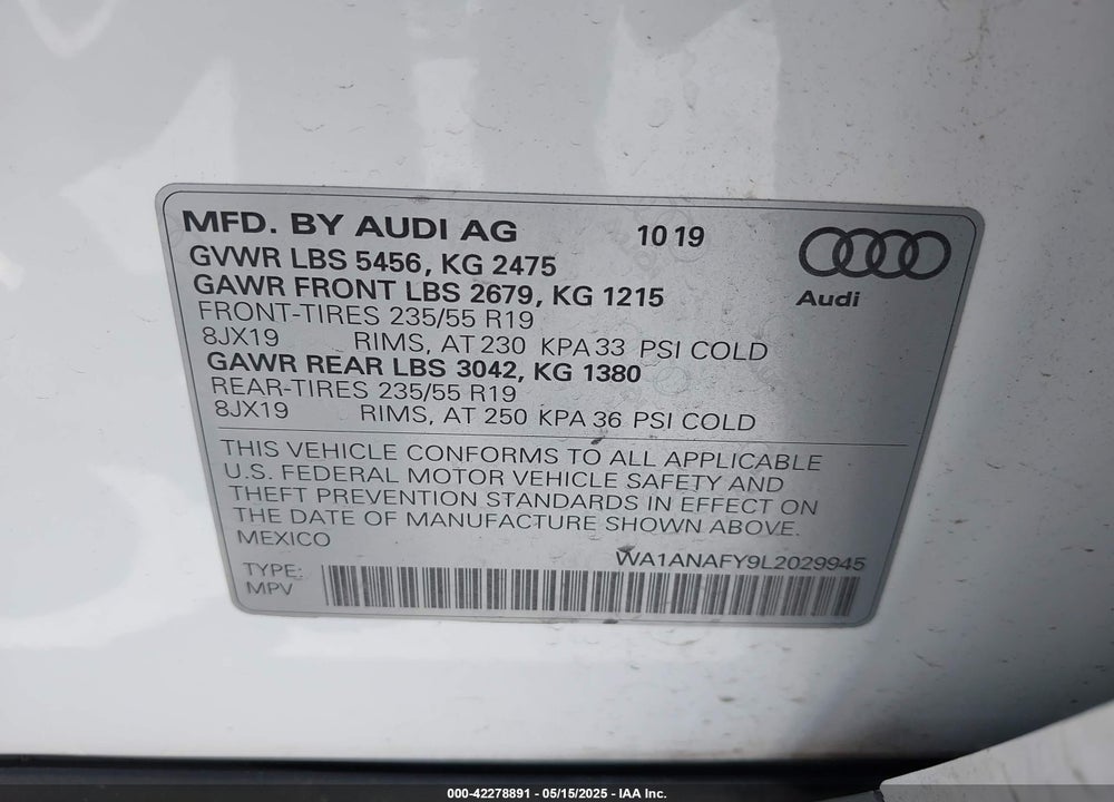 2020 AUDI Q5 VIN: WA1ANAFY9L2029945