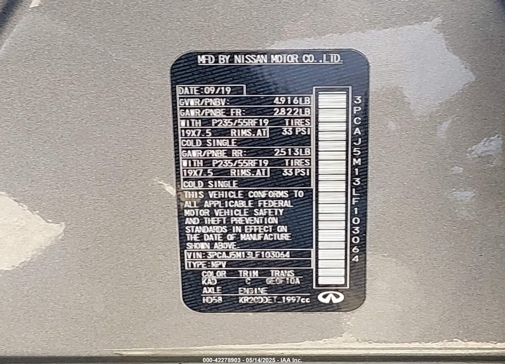 2020 INFINITI QX50 LUXE VIN: 3PCAJ5M13LF103064