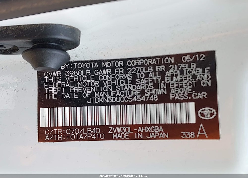 2012 TOYOTA PRIUS VIN: JTDKN3DU0C5454748
