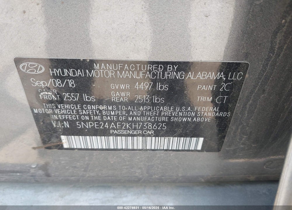 2019 HYUNDAI SONATA VIN: 5NPE24AF2KH738625