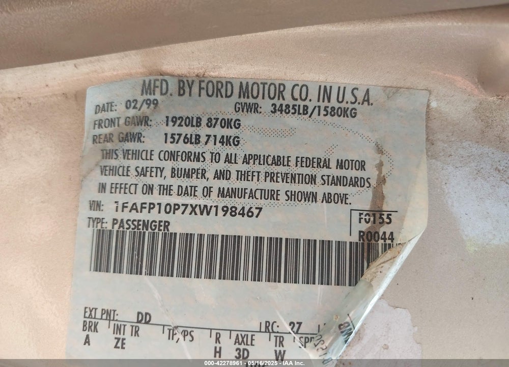 1999 FORD ESCORT LX VIN: 1FAFP10P7XW198467