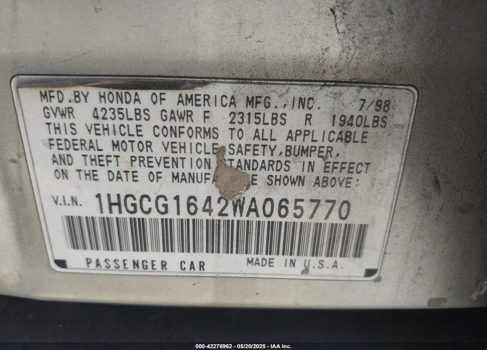 1998 HONDA ACCORD VIN: 1HGCG1642WA065770