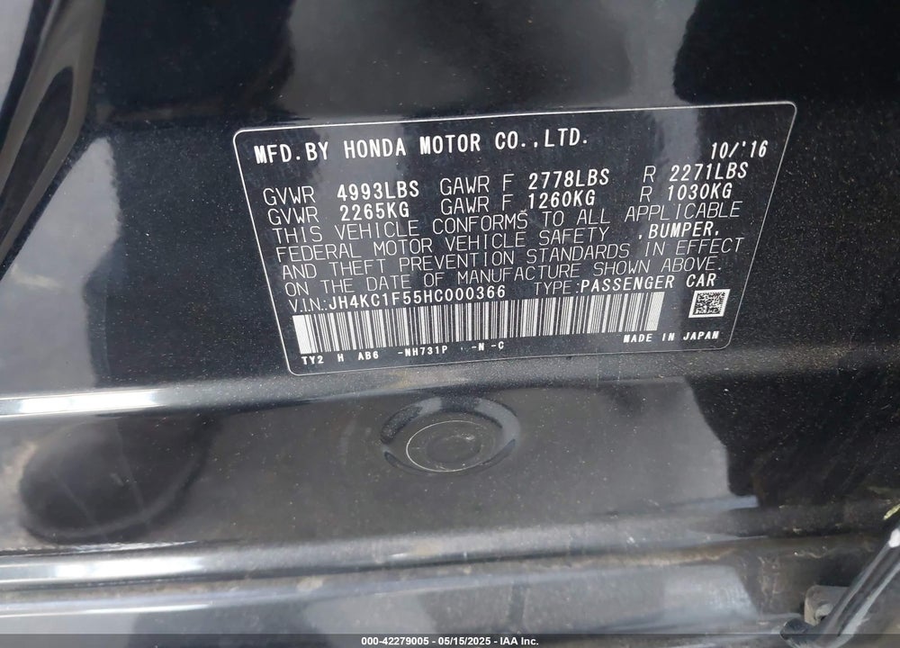 2017 ACURA RLX VIN: JH4KC1F55HC000366