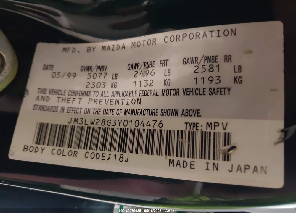 2000 MAZDA MPV DX/ES/LX VIN: JM3LW28G3Y0104476