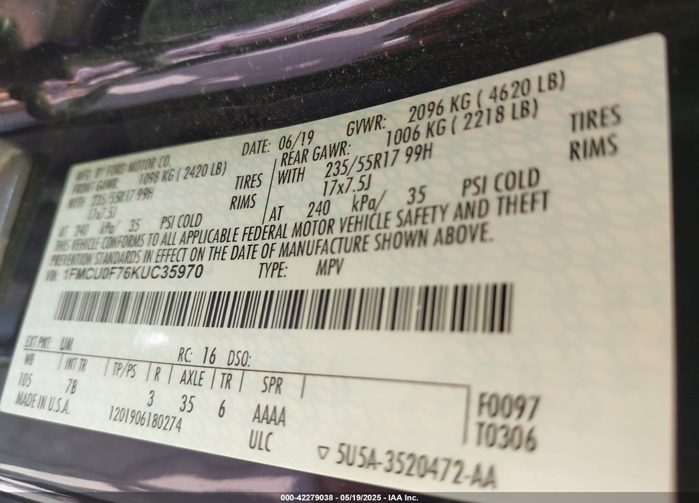 2019 FORD ESCAPE VIN: 1FMCU0F76KUC35970