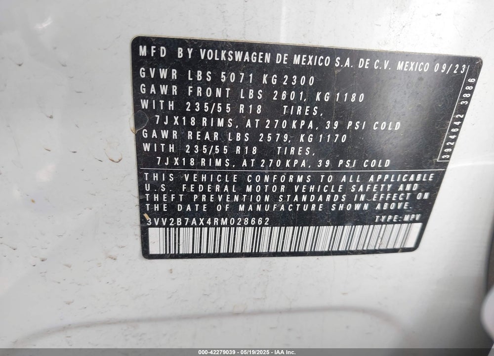 2024 VOLKSWAGEN TIGUAN VIN: 3VV2B7AX4RM028662