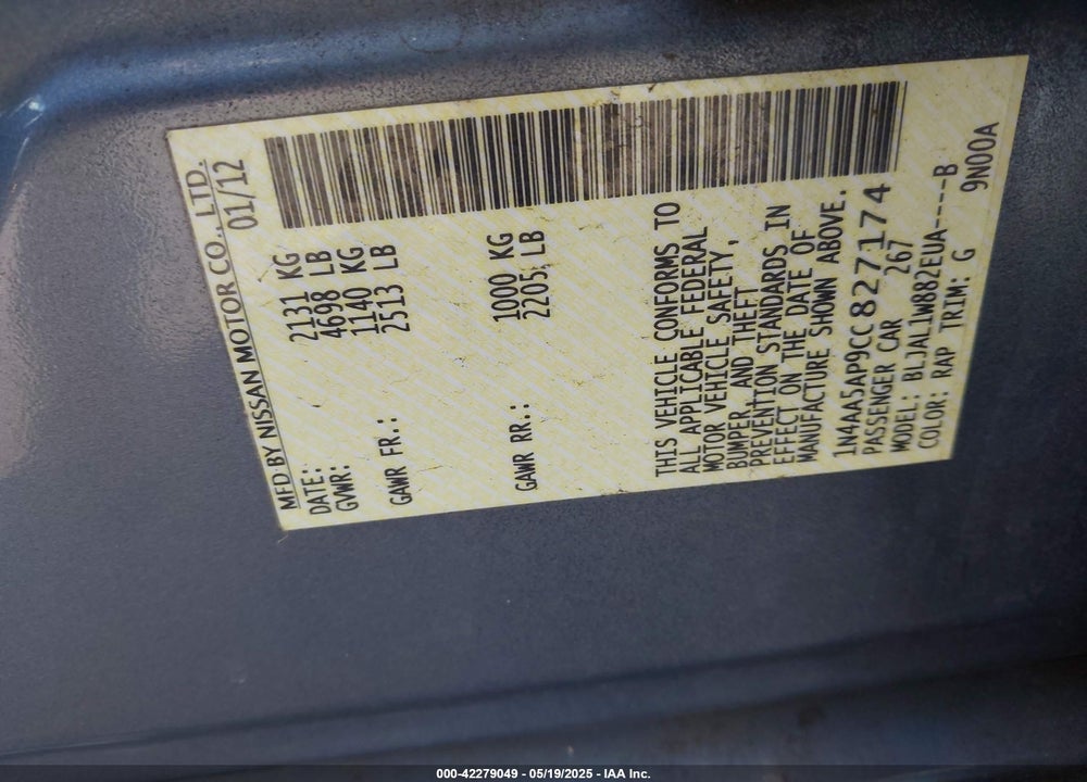 2012 NISSAN MAXIMA VIN: 1N4AA5AP9CC827174