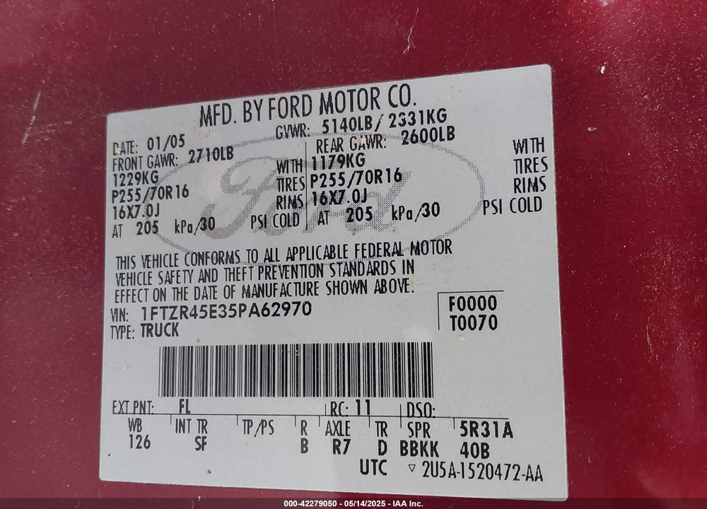 2005 FORD RANGER EDGE/FX4 LEVEL II/FX4 OFF-ROAD/XLT VIN: 1FTZR45E35PA62970
