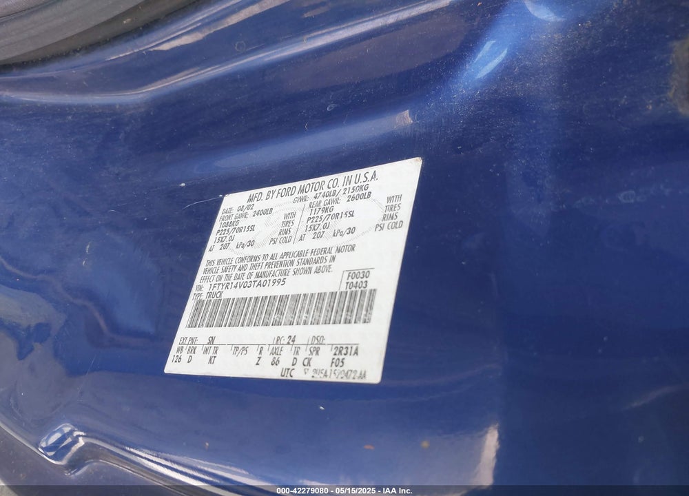 2003 FORD RANGER EDGE/TREMOR/XL/XLT VIN: 1FTYR14V03TA01995
