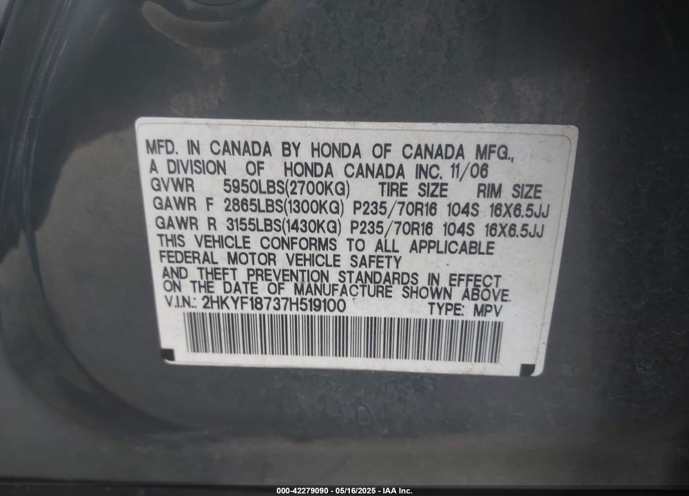 2007 HONDA PILOT EX-L VIN: 2HKYF18737H519100