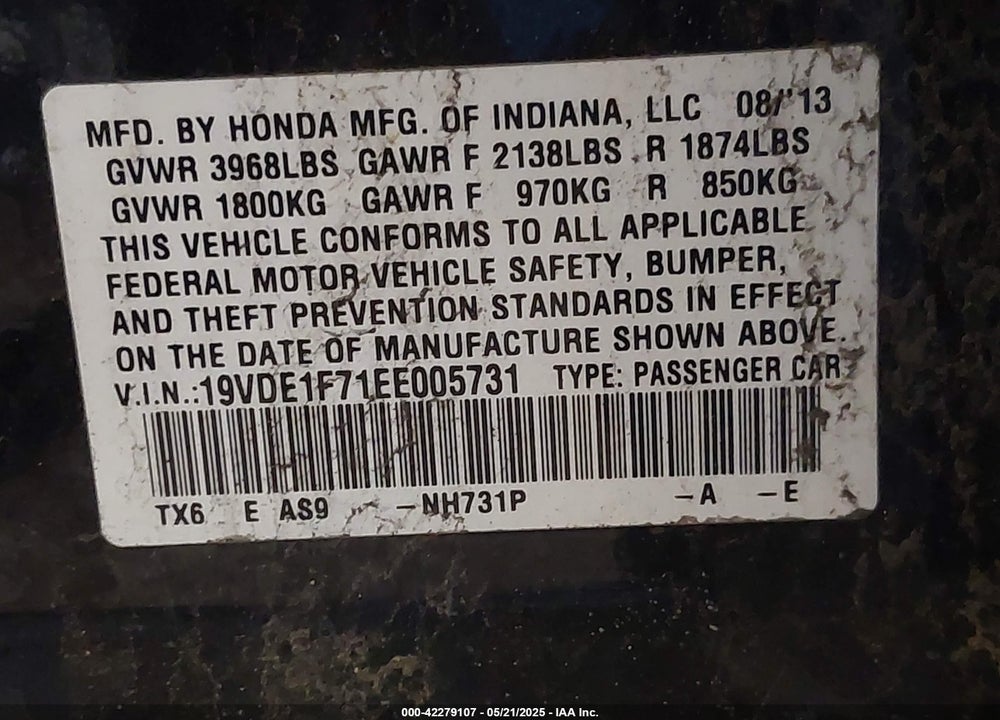 2014 ACURA ILX VIN: 19VDE1F71EE005731