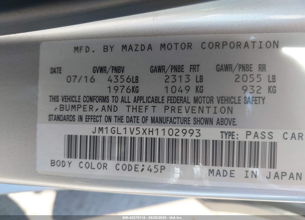 2017 MAZDA MAZDA6 VIN: JM1GL1V5XH1102993