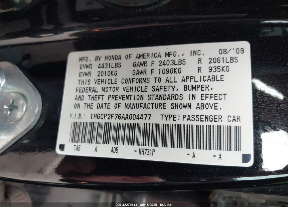 2010 HONDA ACCORD VIN: 1HGCP2F76AA004477