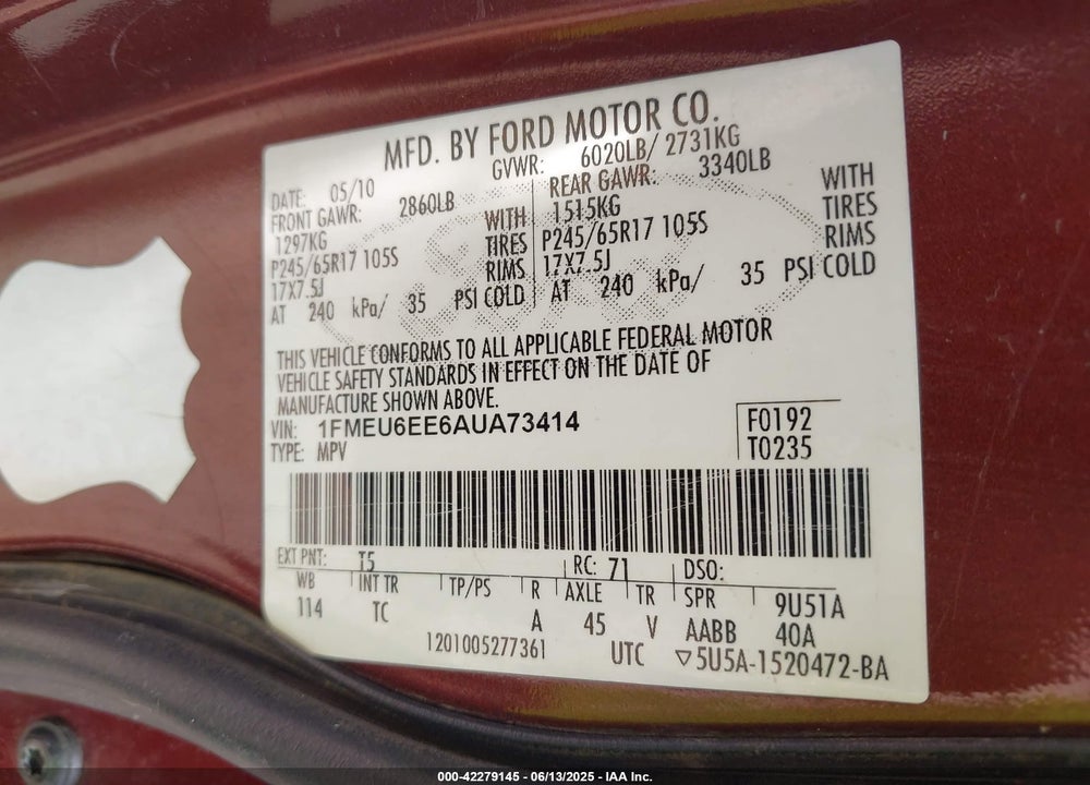 2010 FORD EXPLORER EDDIE BAUER VIN: 1FMEU6EE6AUA73414