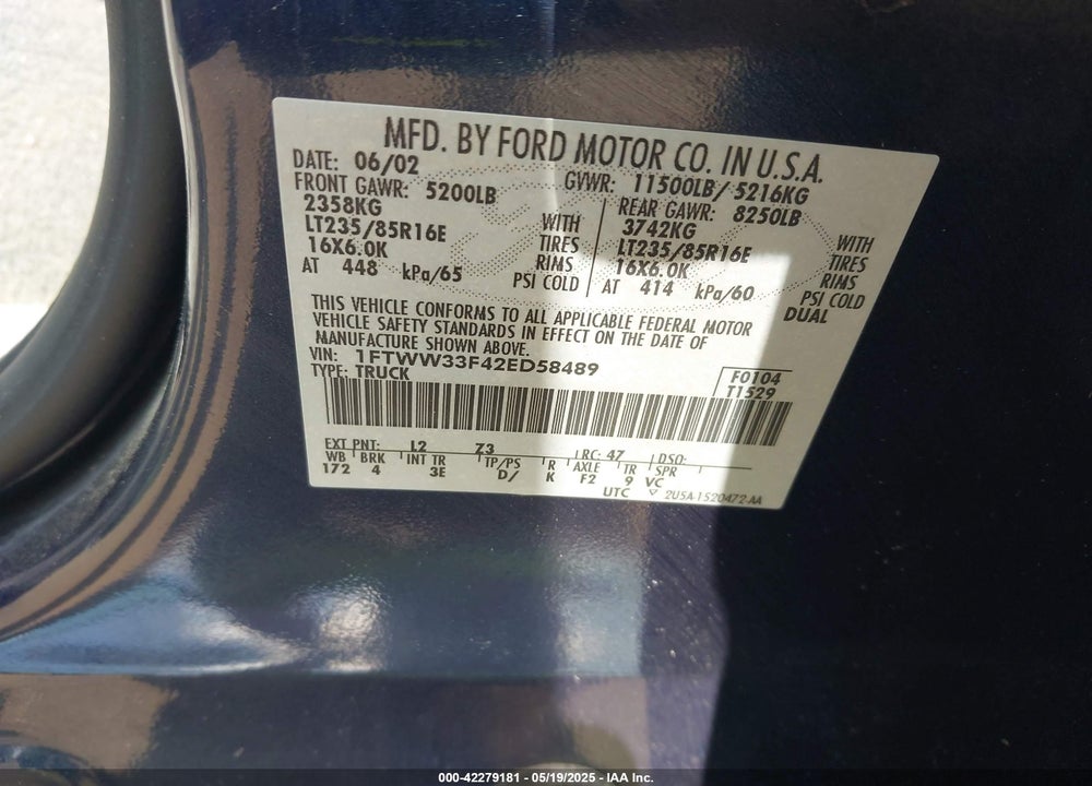 2002 FORD F-350 LARIAT/XL/XLT VIN: 1FTWW33F42ED58489