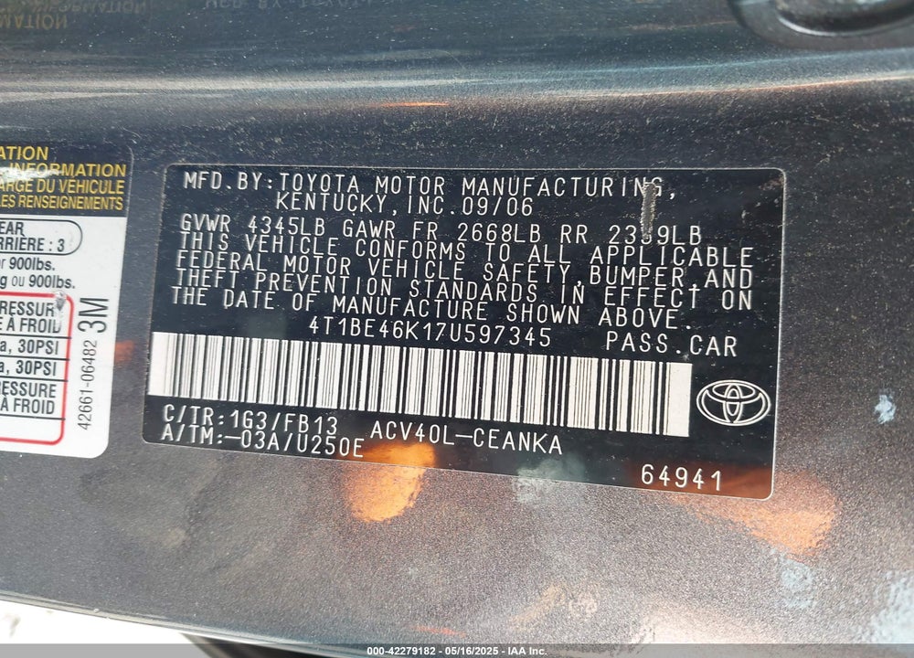 2007 TOYOTA CAMRY LE VIN: 4T1BE46K17U597345