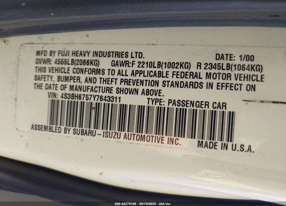 2000 SUBARU OUTBACK VIN: 4S3BH6757Y7643311
