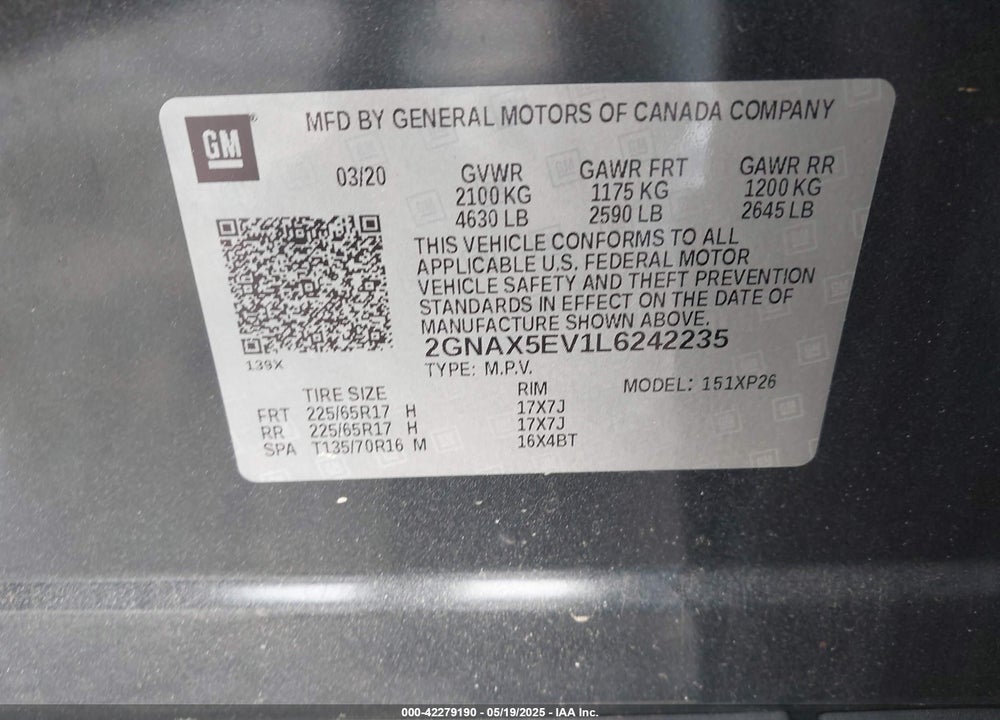 2020 CHEVROLET EQUINOX VIN: 2GNAX5EV1L6242235