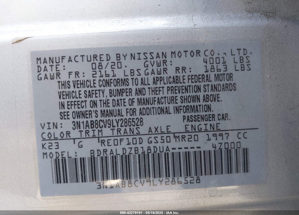 2020 NISSAN SENTRA SV XTRONIC CVT VIN: 3N1AB8CV9LY286528