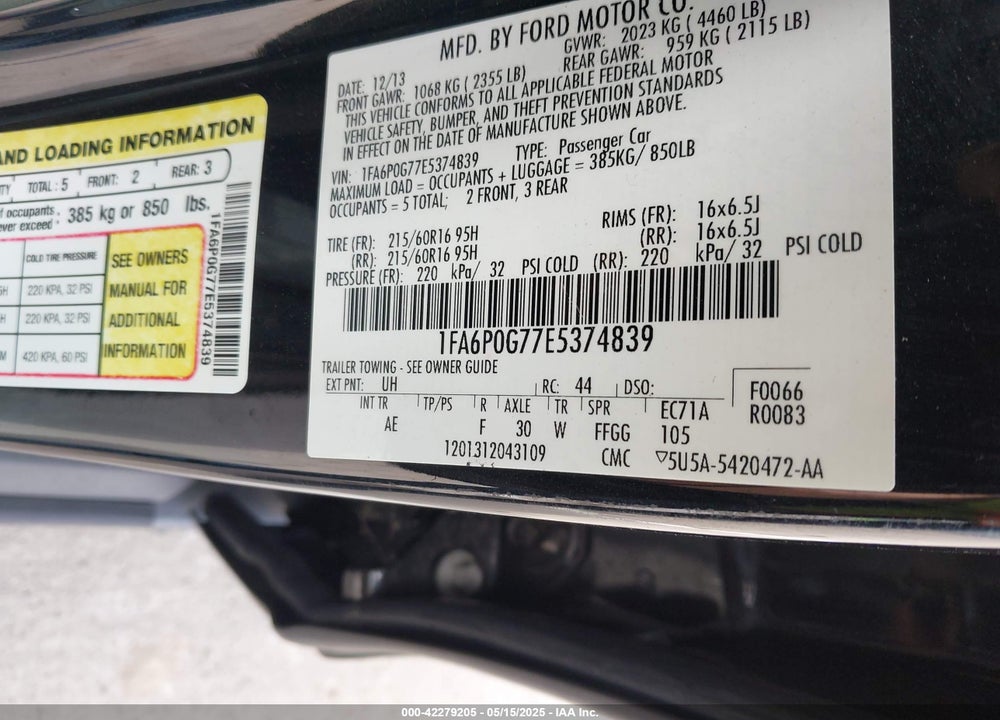 2014 FORD FUSION VIN: 1FA6P0G77E5374839