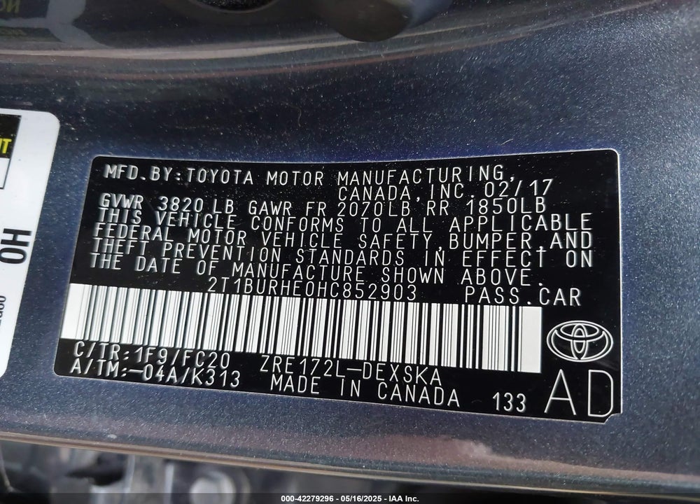 2017 TOYOTA COROLLA SE VIN: 2T1BURHE0HC852903