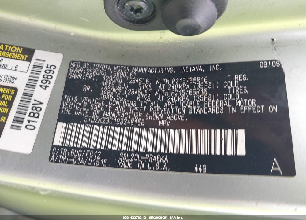 2009 TOYOTA SIENNA LE VIN: 5TDZK23C19S248156