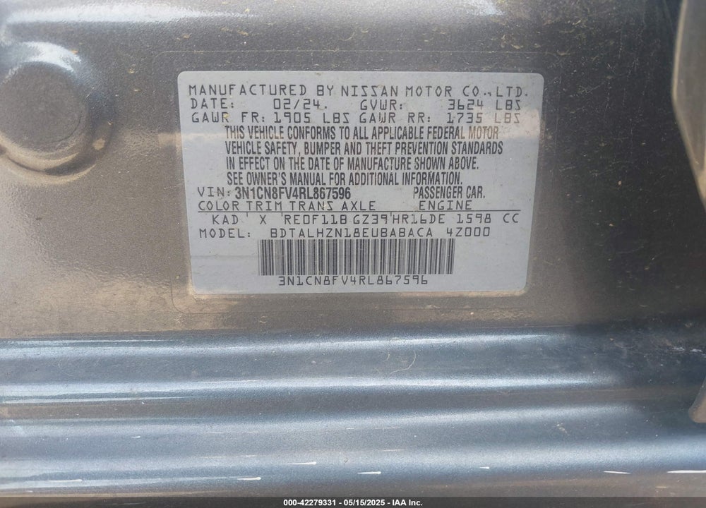 2024 NISSAN VERSA VIN: 3N1CN8FV4RL867596