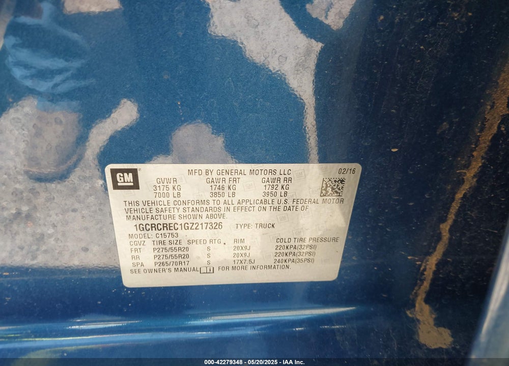 2016 CHEVROLET SILVERADO VIN: 1GCRCREC1GZ217326