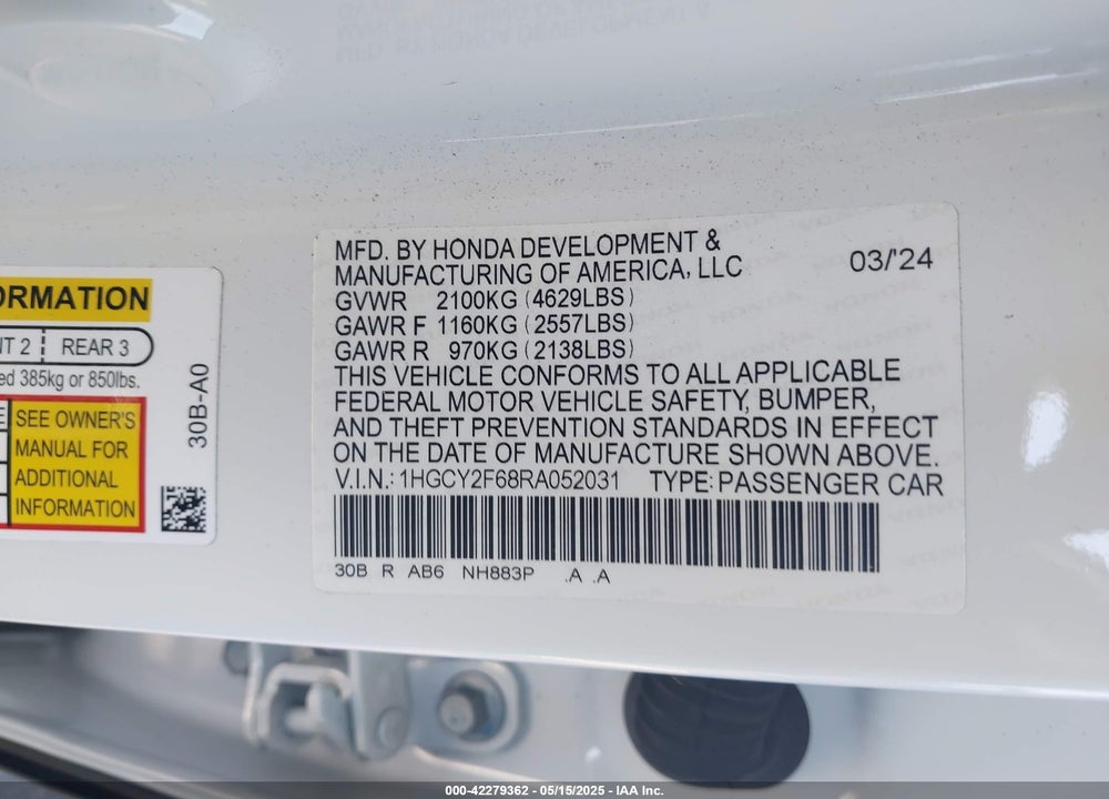 2024 HONDA ACCORD VIN: 1HGCY2F68RA052031
