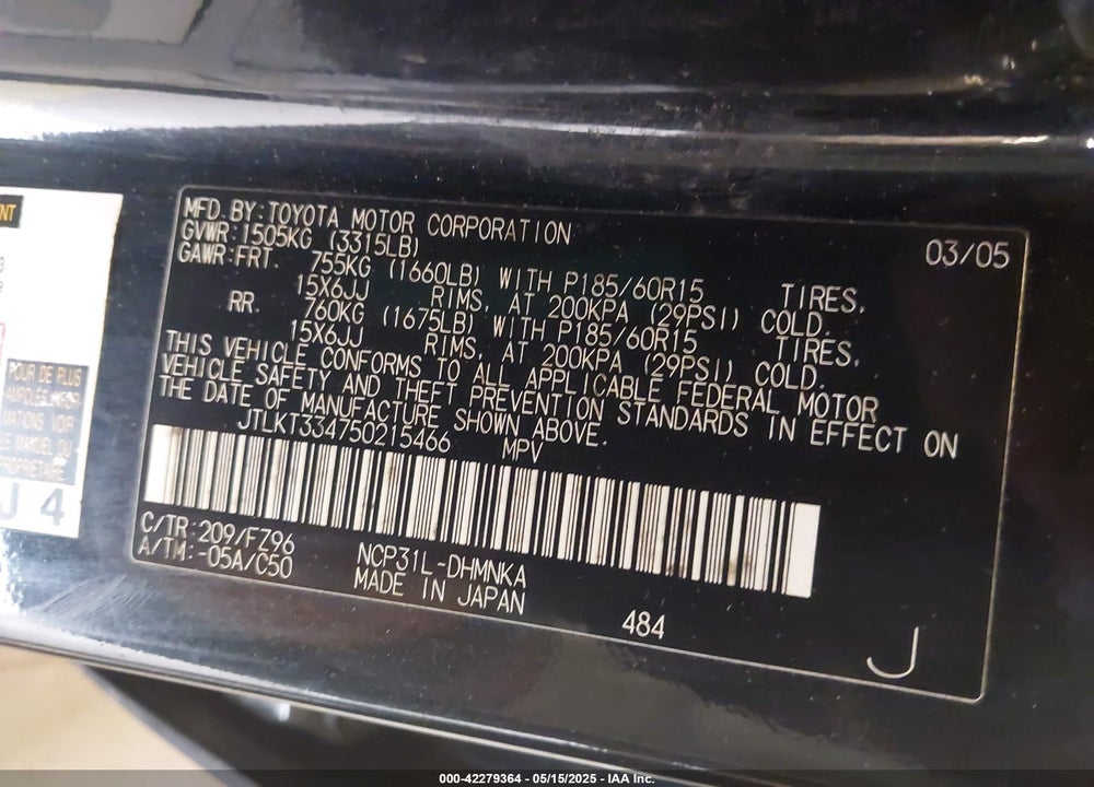 2005 SCION XB VIN: JTLKT334750215466