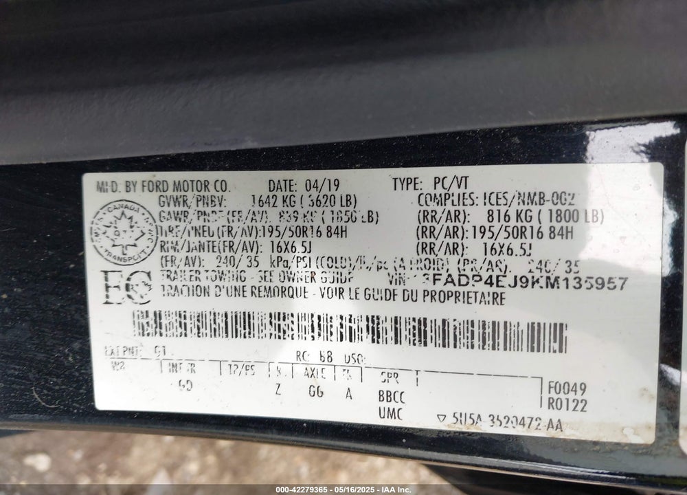 2019 FORD FIESTA SE VIN: 3FADP4EJ9KM135957