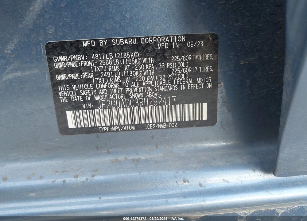 2024 SUBARU CROSSTREK VIN: JF2GUADC3RH292417