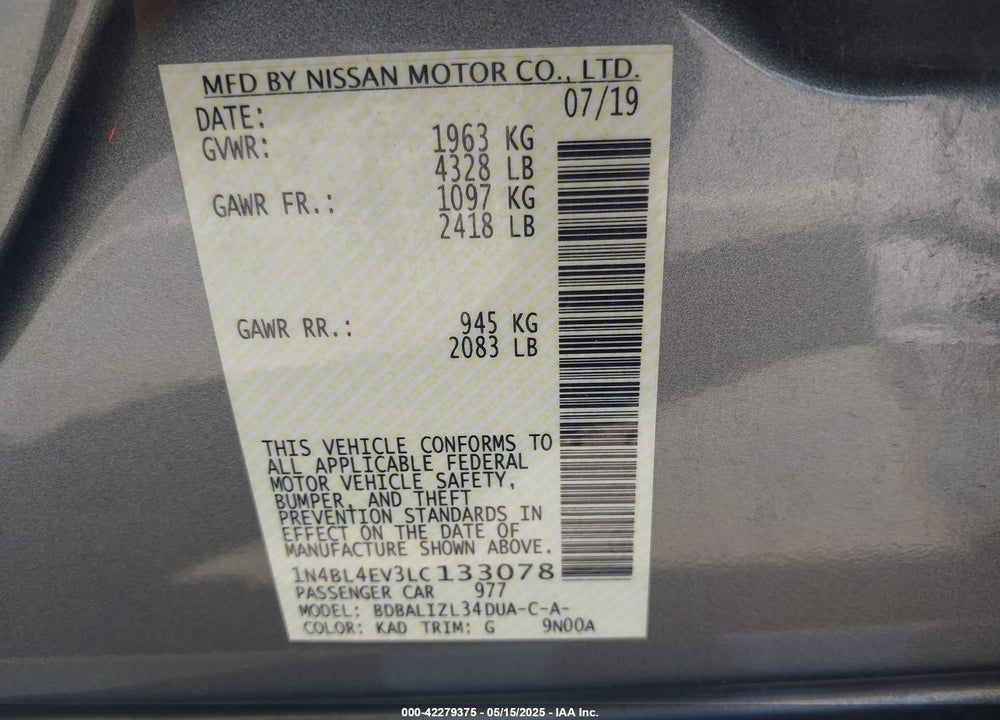 2020 NISSAN ALTIMA SL FWD VIN: 1N4BL4EV3LC133078