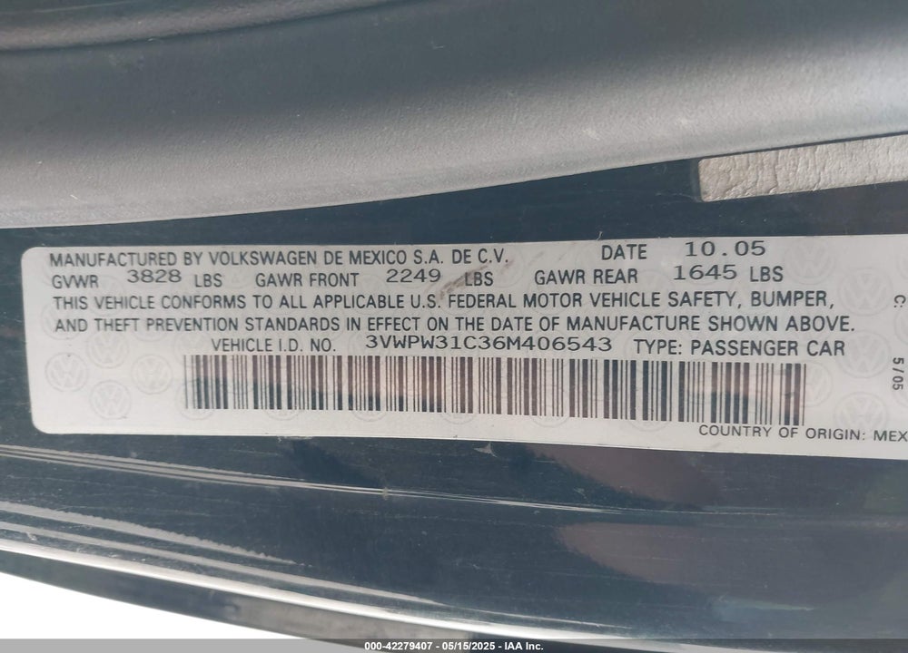 2006 VOLKSWAGEN NEW BEETLE VIN: 3VWPW31C36M406543