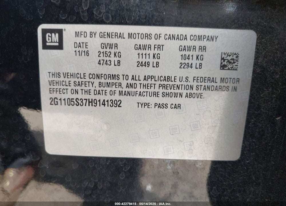 2017 CHEVROLET IMPALA VIN: 2G1105S37H9141392