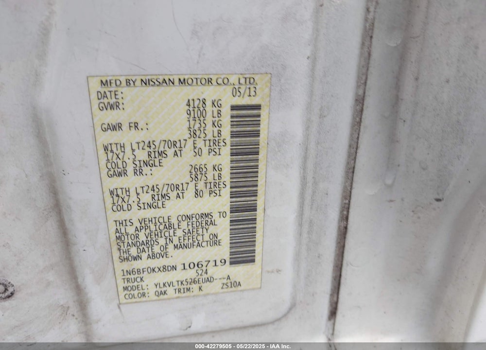 2013 NISSAN NV CARGO NV2500 HD SV V6 VIN: 1N6BF0KX8DN106719