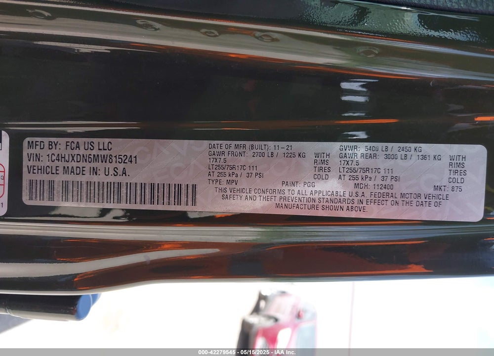 2021 JEEP WRANGLER UNLIMITED VIN: 1C4HJXDN6MW815241