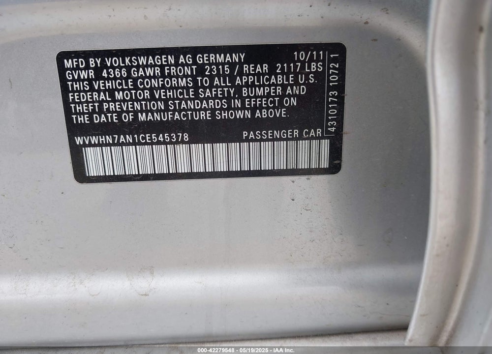 2012 VOLKSWAGEN CC VIN: WVWHN7AN1CE545378
