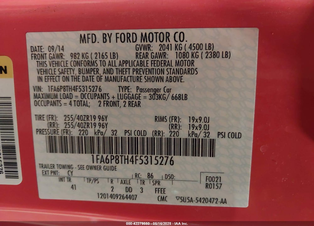 2015 FORD MUSTANG VIN: 1FA6P8TH4F5315276