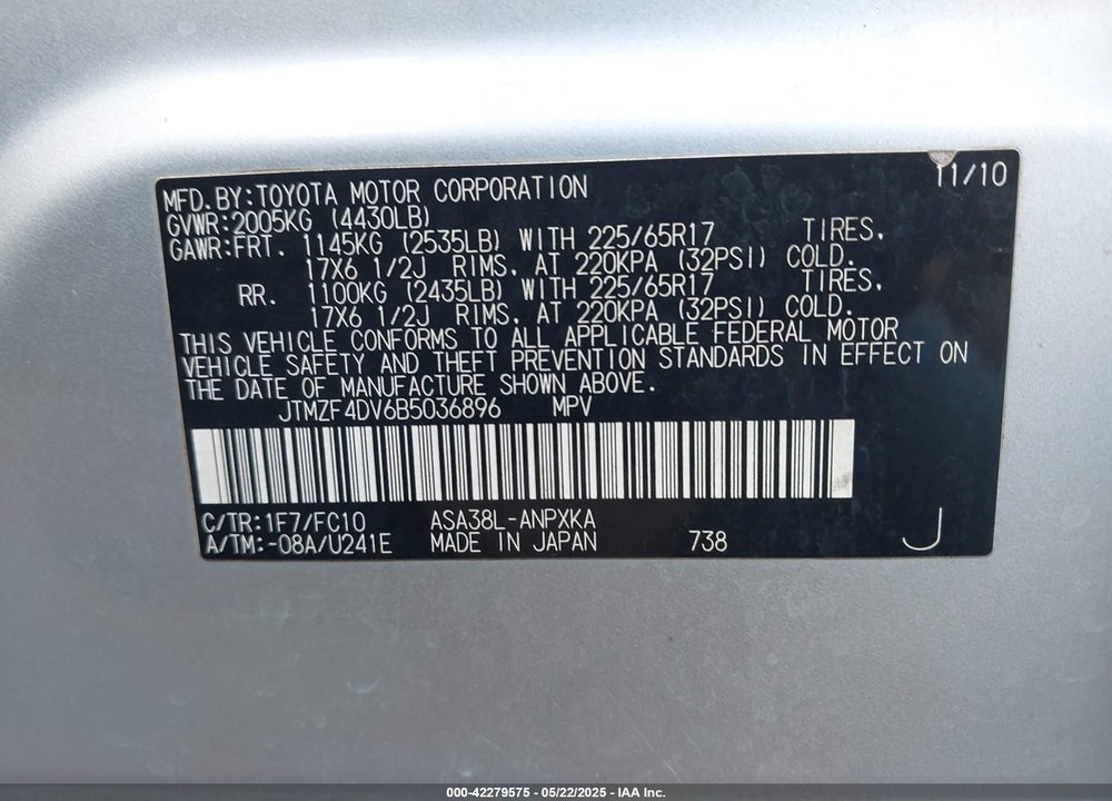 2011 TOYOTA RAV4 VIN: JTMZF4DV6B5036896