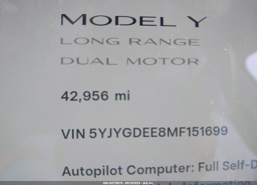 2021 TESLA MODEL Y LONG RANGE DUAL MOTOR ALL-WHEEL DRIVE VIN: 5YJYGDEE8MF151699