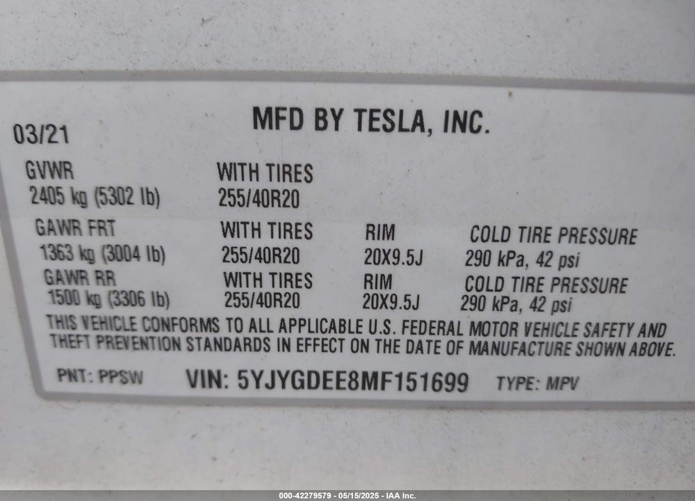 2021 TESLA MODEL Y LONG RANGE DUAL MOTOR ALL-WHEEL DRIVE VIN: 5YJYGDEE8MF151699