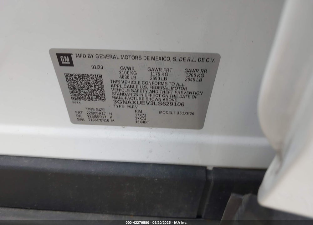 2020 CHEVROLET EQUINOX AWD LT 1.5L TURBO VIN: 3GNAXUEV3LS629106
