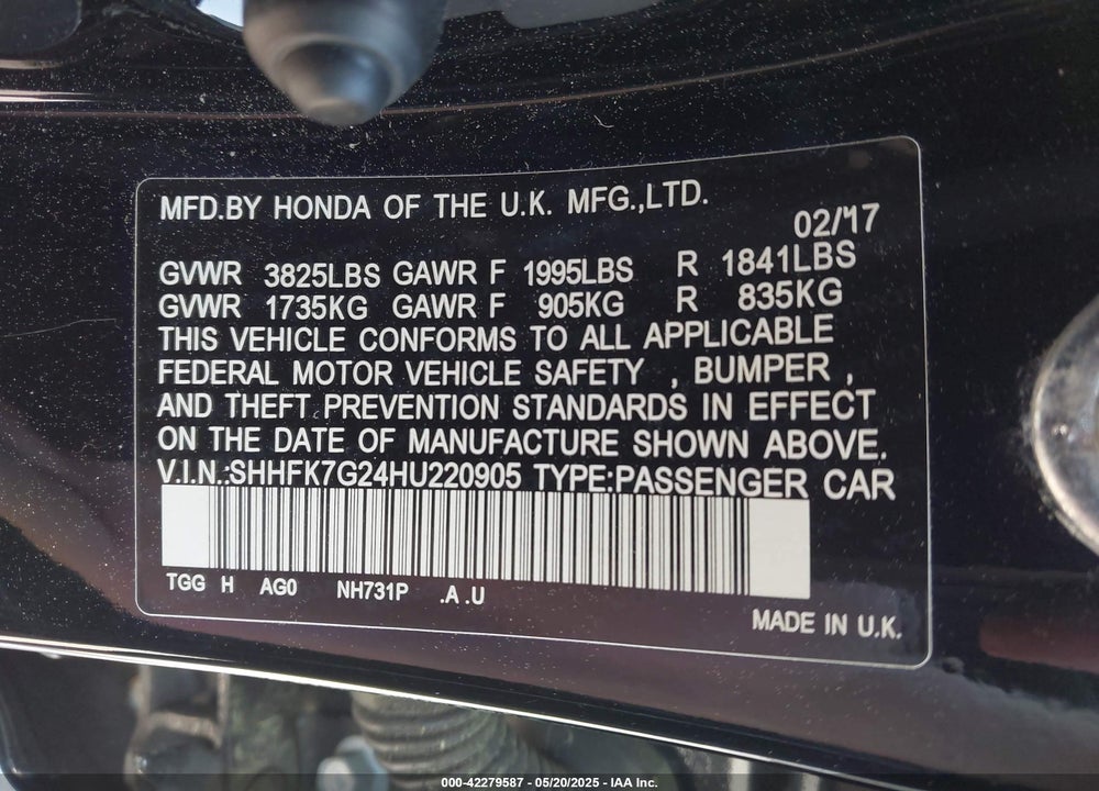 2017 HONDA CIVIC LX VIN: SHHFK7G24HU220905