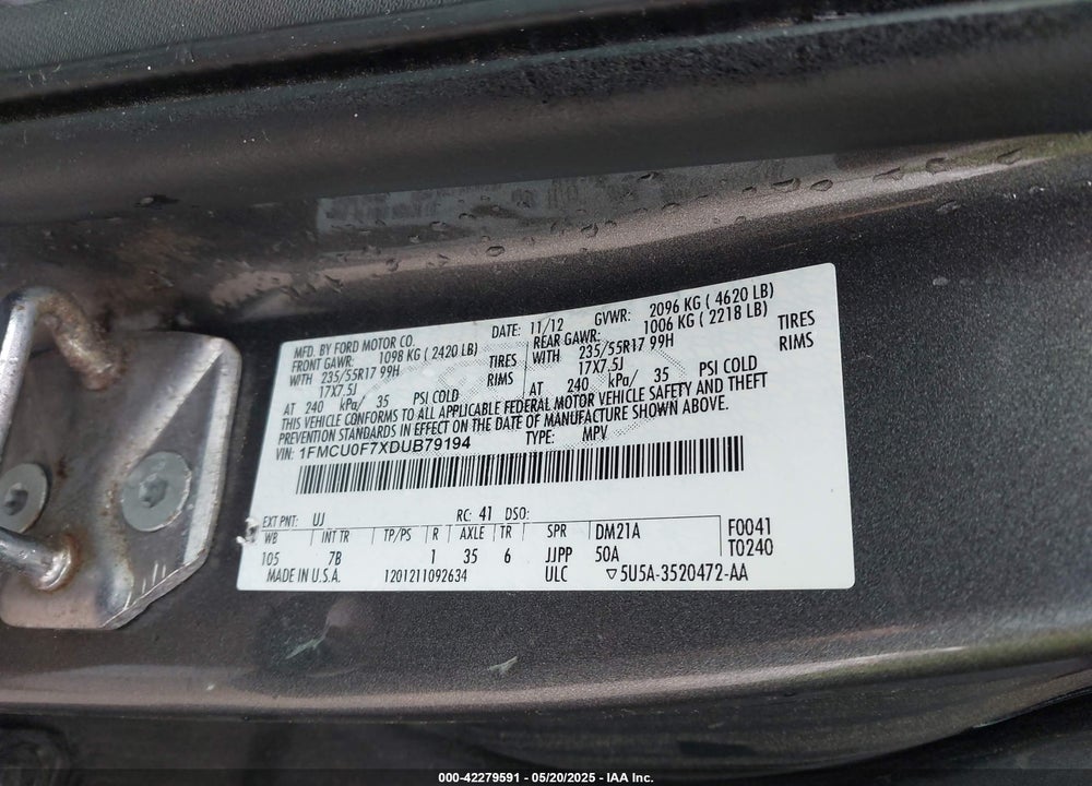 2013 FORD ESCAPE S VIN: 1FMCU0F7XDUB79194