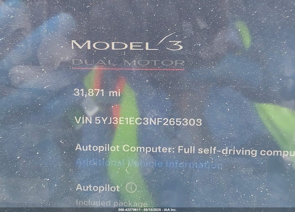 2022 TESLA MODEL 3 VIN: 5YJ3E1EC3NF265303