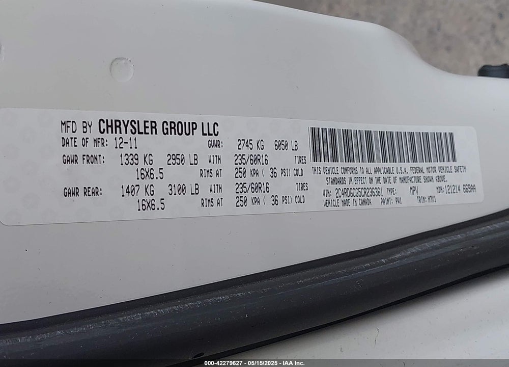 2012 DODGE GRAND CARAVAN SXT VIN: 2C4RDGCG5CR236361